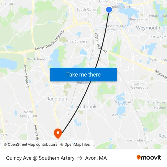 Quincy Ave @ Southern Artery to Avon, MA map