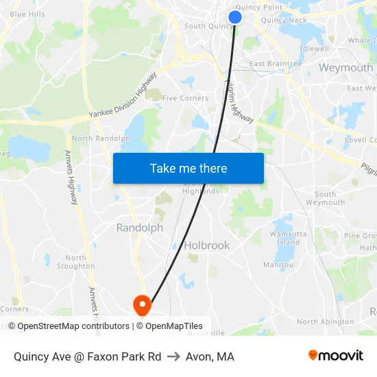 Quincy Ave @ Faxon Park Rd to Avon, MA map