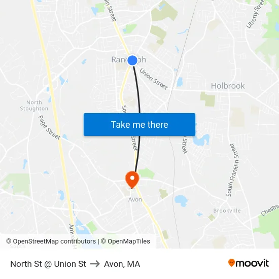 North St @ Union St to Avon, MA map
