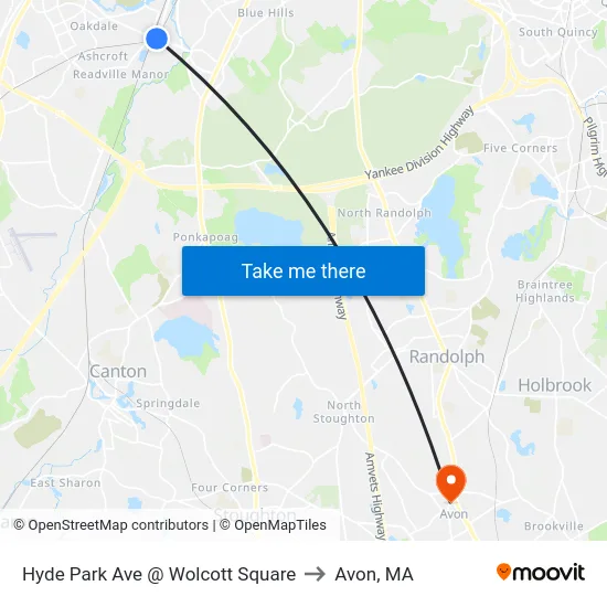 Hyde Park Ave @ Wolcott Square to Avon, MA map