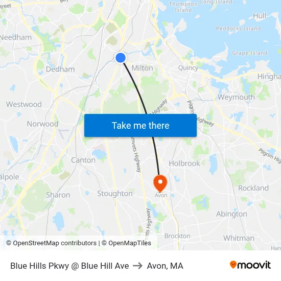 Blue Hills Pkwy @ Blue Hill Ave to Avon, MA map