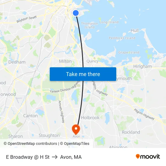 E Broadway @ H St to Avon, MA map