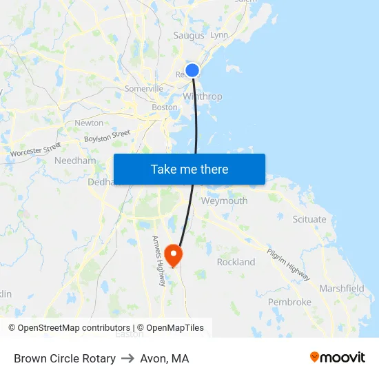 Brown Circle Rotary to Avon, MA map