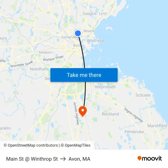 Main St @ Winthrop St to Avon, MA map