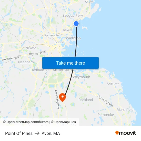 Point Of Pines to Avon, MA map