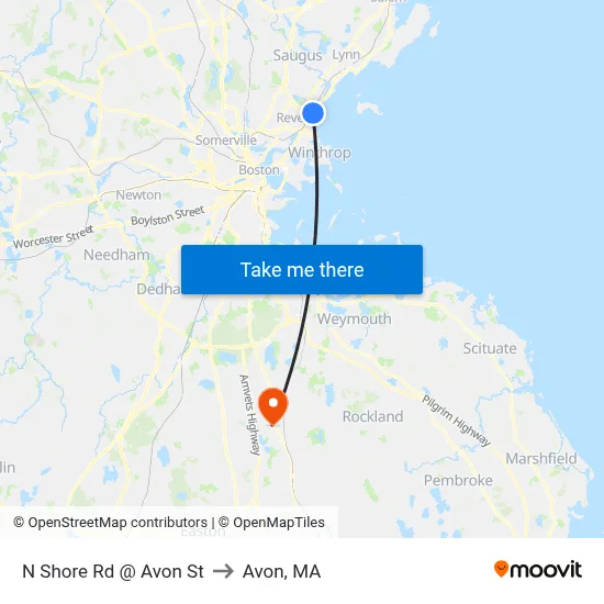 N Shore Rd @ Avon St to Avon, MA map