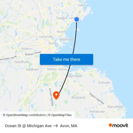 Ocean St @ Michigan Ave to Avon, MA map