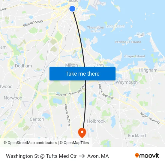 Washington St @ Tufts Med Ctr to Avon, MA map