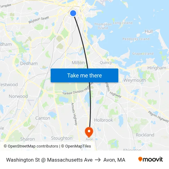 Washington St @ Massachusetts Ave to Avon, MA map