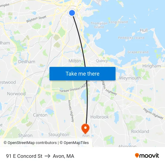 91 E Concord St to Avon, MA map