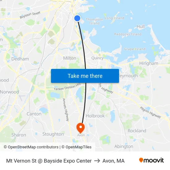 Mt Vernon St @ Bayside Expo Center to Avon, MA map