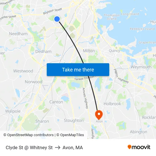 Clyde St @ Whitney St to Avon, MA map