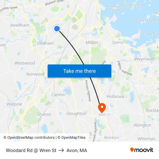 Woodard Rd @ Wren St to Avon, MA map