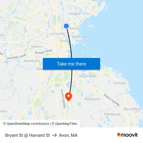 Bryant St @ Harvard St to Avon, MA map