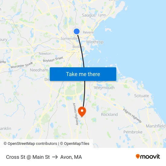 Cross St @ Main St to Avon, MA map
