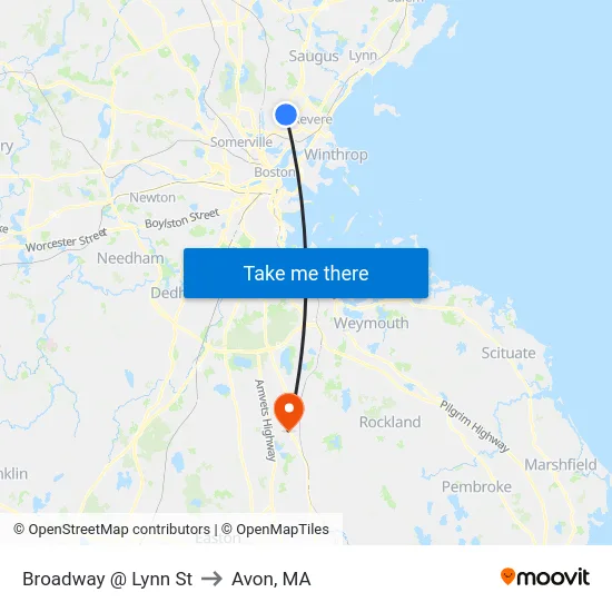 Broadway @ Lynn St to Avon, MA map