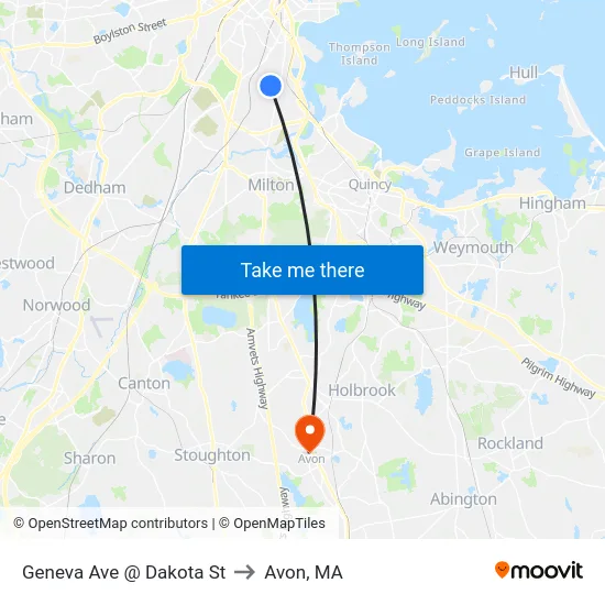 Geneva Ave @ Dakota St to Avon, MA map