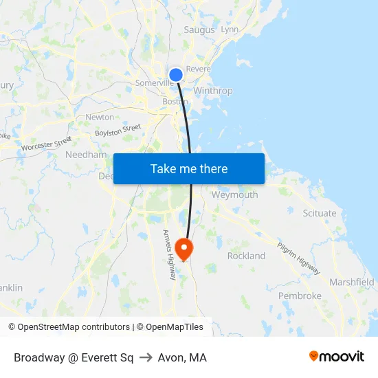 Broadway @ Everett Sq to Avon, MA map