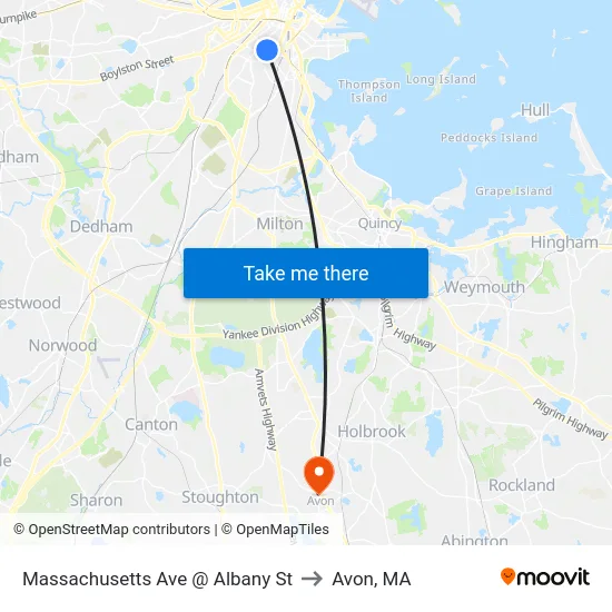Massachusetts Ave @ Albany St to Avon, MA map