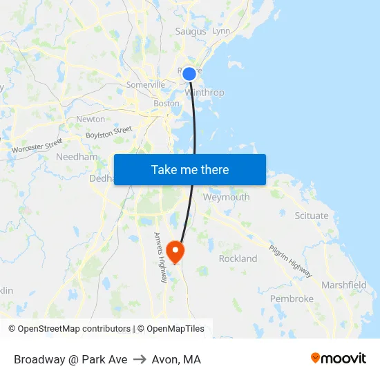 Broadway @ Park Ave to Avon, MA map