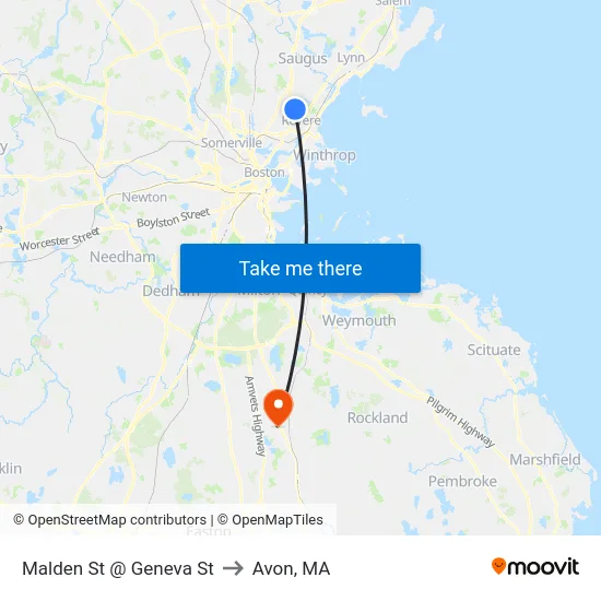 Malden St @ Geneva St to Avon, MA map
