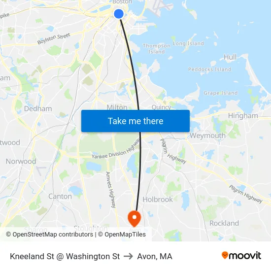 Kneeland St @ Washington St to Avon, MA map