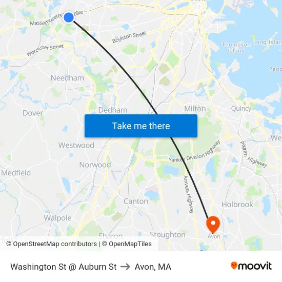 Washington St @ Auburn St to Avon, MA map