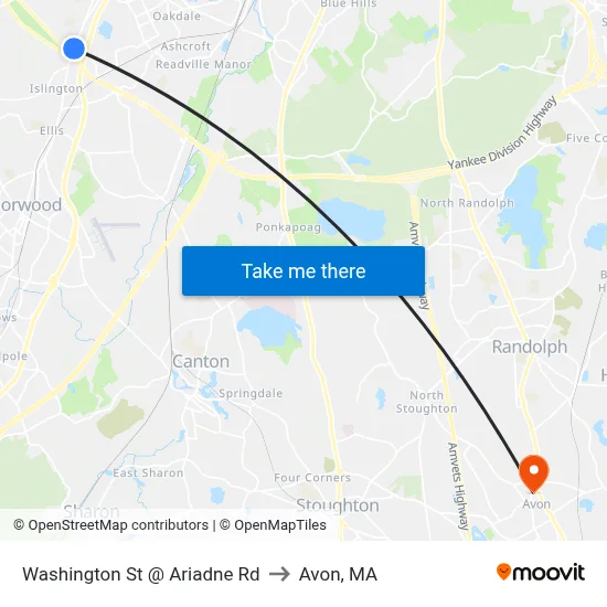 Washington St @ Ariadne Rd to Avon, MA map