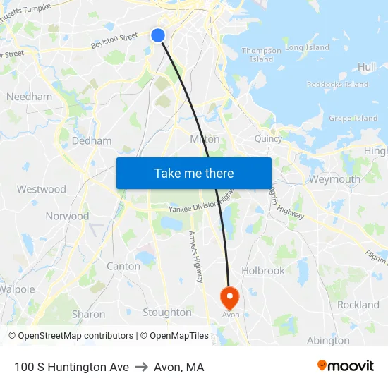 100 S Huntington Ave to Avon, MA map