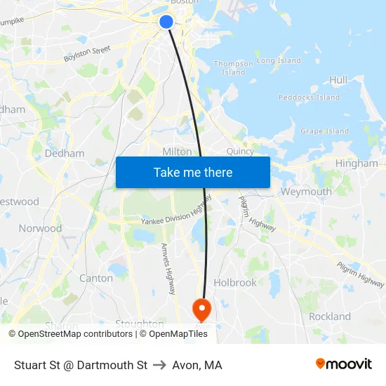 Stuart St @ Dartmouth St to Avon, MA map