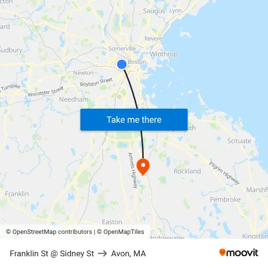 Franklin St @ Sidney St to Avon, MA map