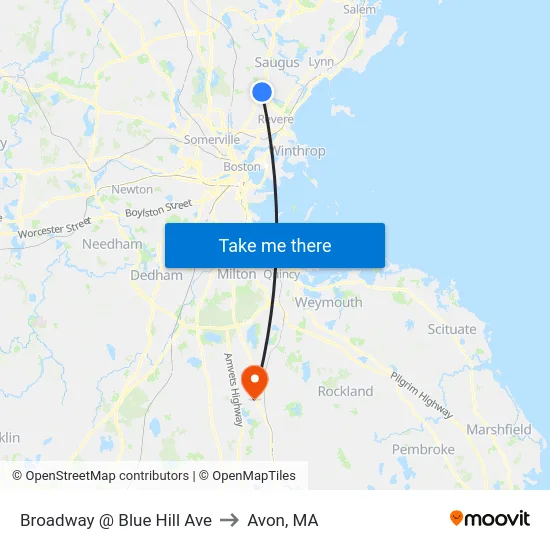 Broadway @ Blue Hill Ave to Avon, MA map