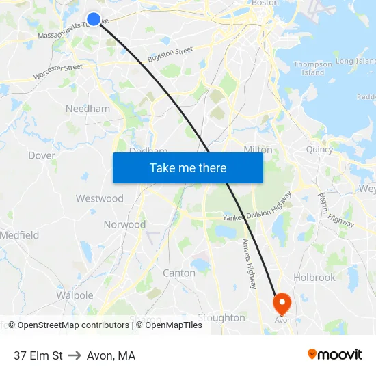37 Elm St to Avon, MA map
