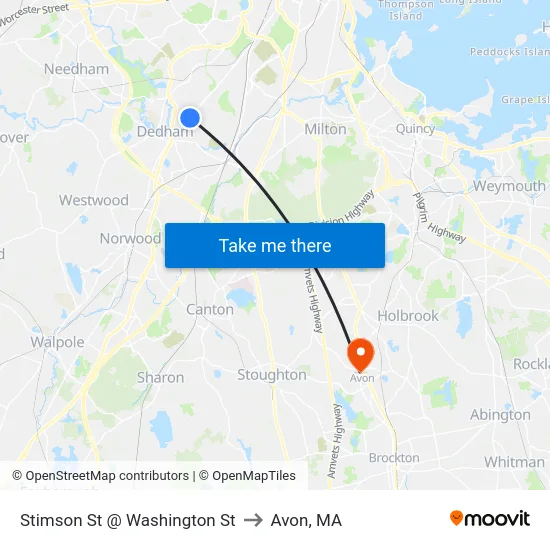Stimson St @ Washington St to Avon, MA map