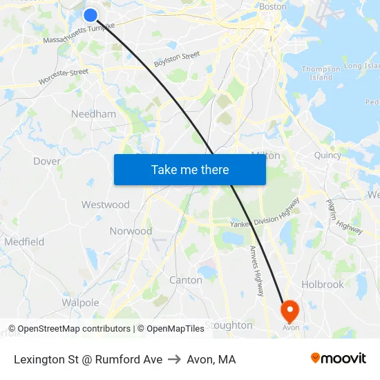 Lexington St @ Rumford Ave to Avon, MA map