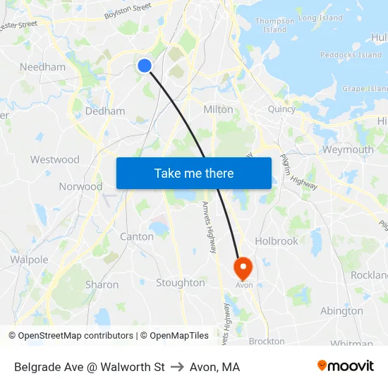 Belgrade Ave @ Walworth St to Avon, MA map