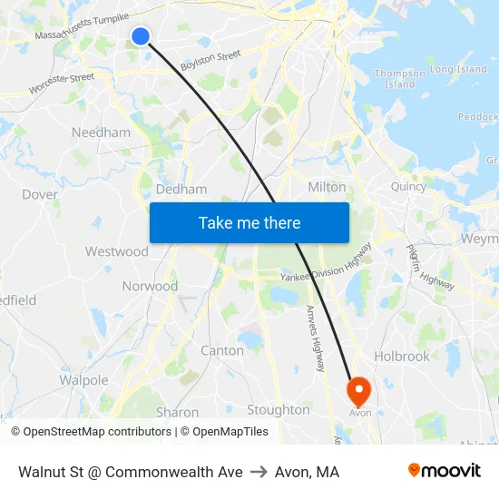 Walnut St @ Commonwealth Ave to Avon, MA map