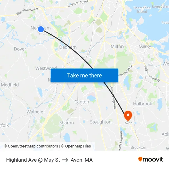 Highland Ave @ May St to Avon, MA map