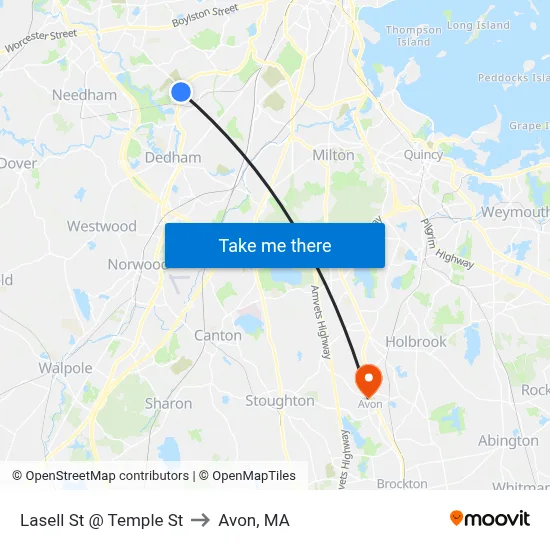 Lasell St @ Temple St to Avon, MA map