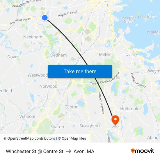 Winchester St @ Centre St to Avon, MA map
