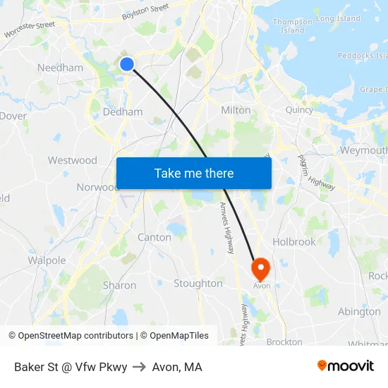 Baker St @ Vfw Pkwy to Avon, MA map