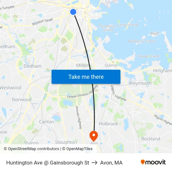 Huntington Ave @ Gainsborough St to Avon, MA map