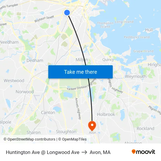 Huntington Ave @ Longwood Ave to Avon, MA map