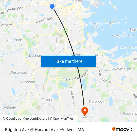 Brighton Ave @ Harvard Ave to Avon, MA map