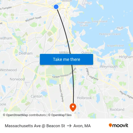 Massachusetts Ave @ Beacon St to Avon, MA map