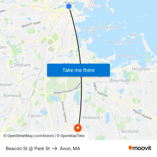 Beacon St @ Park St to Avon, MA map
