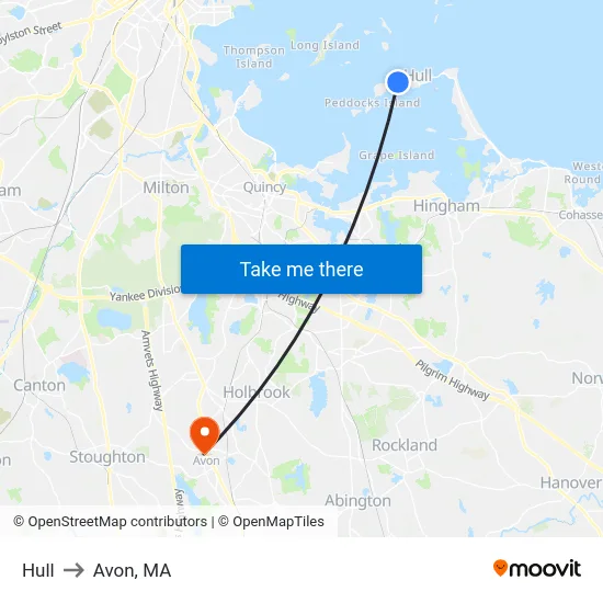 Hull to Avon, MA map