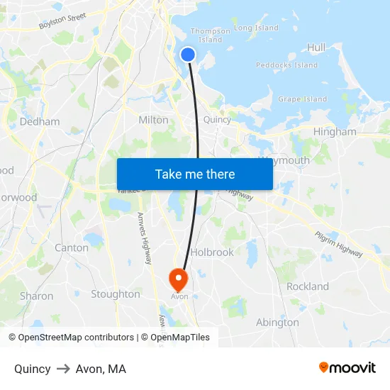 Quincy to Avon, MA map
