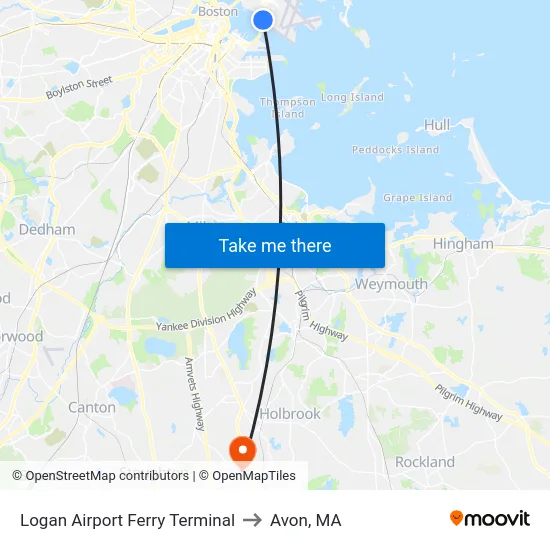 Logan Airport Ferry Terminal to Avon, MA map