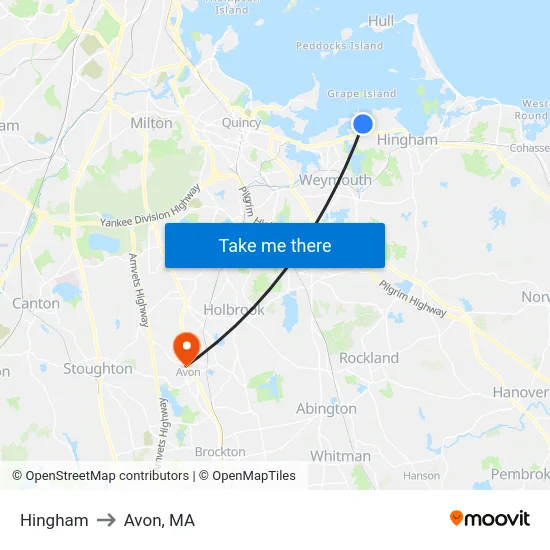 Hingham to Avon, MA map